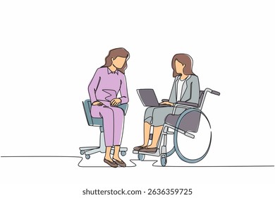 Continuous one line drawing employee with disabilities and inclusion work together in office. Disabled female on wheelchair with coworker sit communicate using laptop. Single line draw design vector