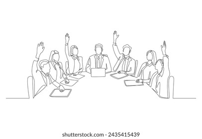 Continuous one line drawing of employees raising their hands to votes at meeting, business discussion, voting in office concept, single line art.