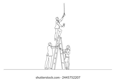 Continuous one line drawing of employees helping colleague climb up ladder to change light bulb, changing business solution for team, new innovation for group concept, single line art.