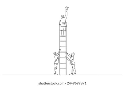 Continuous one line drawing of employees support colleague to climb up ladder to catch star, teamwork or cooperation for best quality work concept, single line art.