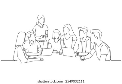 Continuous one line drawing of employees wearing casual clothes meeting in office, discussing work in modern office concept, single line art.