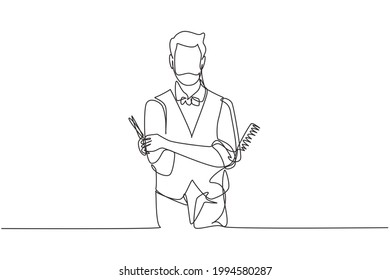 Continuous one line drawing empty place of virile harsh barber having his arms crossed, holding equipment in hand. Professional barber concept. Single line draw design vector graphic illustration