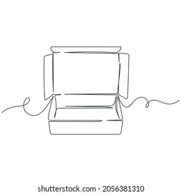 Continuous one line drawing of empty open cardboard box in silhouette on a white background. Linear stylized.