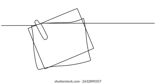 Continuous one line drawing of empty note paper with paperclip. To do note paper in single line draw illustration. Editable stroke, Paper note with clip in flat style. Note paper pieces pro vector.