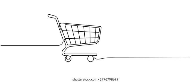 Continuous one line drawing of an empty shopping cart or supermarket trolley. Minimalist vector conceptual illustration of retail, commercial sale, online shopping, e-commerce icon, grocery purchasing, consumerism, and business marketing isolated on white background. Editable stroke