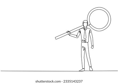 Continuous one line drawing of energetic young businessman stood up carrying a huge magnifier on his shoulders. The concept of seeking success elsewhere. Single line draw design vector illustration