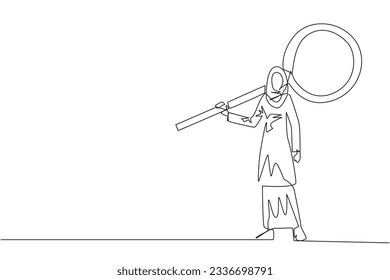 Continuous one line drawing of energetic young Arabian businesswoman stood up carrying a huge magnifier on her shoulders. The concept of seeking success elsewhere. Single line draw vector illustration