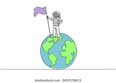 Continuous one line drawing energetic astronaut standing on giant globe holding fluttering flag. Cosmonaut outer space successfully landed safely to earth. Single line draw design vector illustration