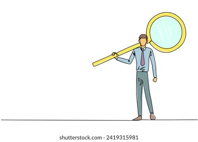Continuous one line drawing of energetic young businessman stood up carrying a huge magnifier on his shoulders. The concept of seeking success elsewhere. Single line draw design vector illustration