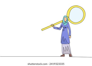Continuo dibujo en una línea de una joven y enérgica empresaria árabe se levantó cargando un enorme lustre en sus hombros. El concepto de buscar el éxito en otra parte. Ilustración vectorial de tracción de línea única