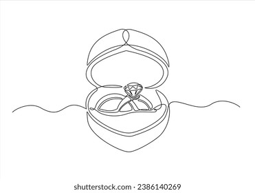 Continuous one line drawing of engagement rings, in a heart shape box. One line art of love, wedding rings, marriage, diamond, accessory, jewel, union of hearts, classic, romance.