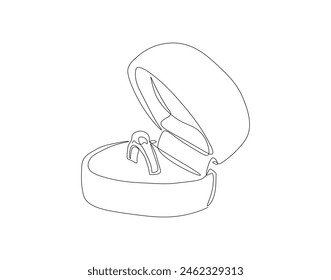 Continuous one line drawing of engagement ring in a box. One line drawing illustration of ring boxes for engagement. Romantic engagement concept continuous line art. Editable outline.