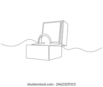 Continuous one line drawing of engagement ring in a box. One line drawing illustration of ring boxes for engagement. Romantic engagement concept continuous line art. Editable outline.