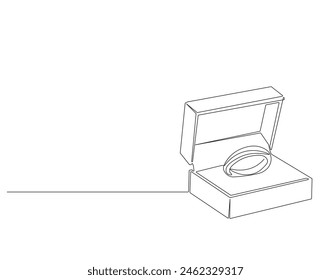 Continuous one line drawing of engagement ring in a box. One line drawing illustration of ring boxes for engagement. Romantic engagement concept continuous line art. Editable outline.