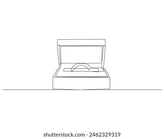 Continuous one line drawing of engagement ring in a box. One line drawing illustration of ring boxes for engagement. Romantic engagement concept continuous line art. Editable outline.