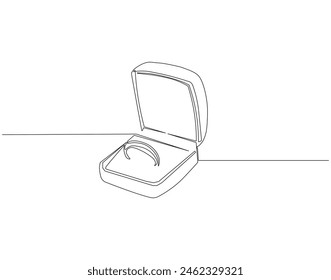 Continuous one line drawing of engagement ring in a box. One line drawing illustration of ring boxes for engagement. Romantic engagement concept continuous line art. Editable outline.