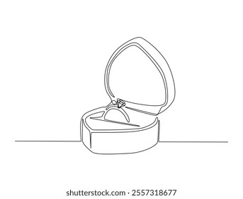 Continuous one line drawing of engagement or wedding ring in the gift box. Editable line vector. 
