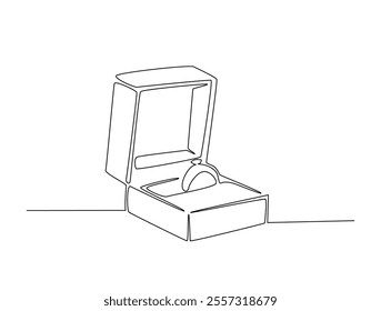 Continuous one line drawing of engagement or wedding ring in the gift box. Editable line vector. 
