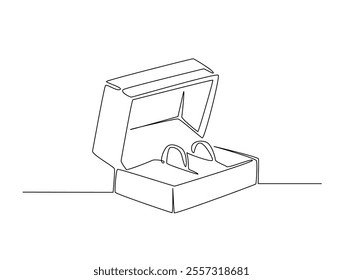 Continuous one line drawing of engagement or wedding ring in the gift box. Editable line vector. 
