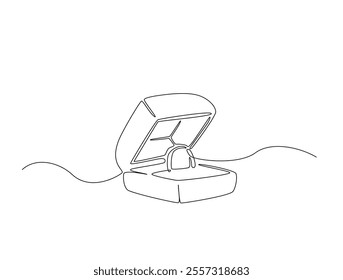 Continuous one line drawing of engagement or wedding ring in the gift box. Editable line vector. 
