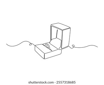 Continuous one line drawing of engagement or wedding ring in the gift box. Editable line vector. 
