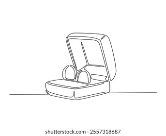 Continuous one line drawing of engagement or wedding ring in the gift box. Editable line vector. 
