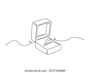 Continuous one line drawing of engagement or wedding ring in the gift box. Editable line vector. 
