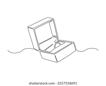 Continuous one line drawing of engagement or wedding ring in the gift box. Editable line vector. 
