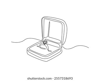 Continuous one line drawing of engagement or wedding ring in the gift box. Editable line vector. 
