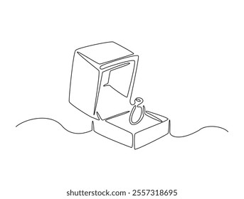 Continuous one line drawing of engagement or wedding ring in the gift box. Editable line vector. 
