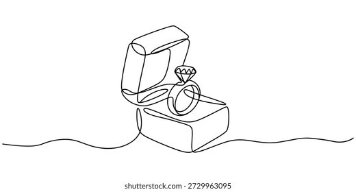 Continuous one line drawing of engagement or wedding ring in the gift box. Editable line vector, Diamond engagement ring in open jewelry box continuous one line drawing vector illustration