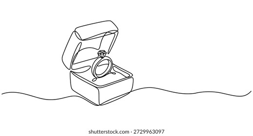 Continuous one line drawing of engagement or wedding ring in the gift box. Editable line vector, Diamond engagement ring in open jewelry box continuous one line drawing vector illustration