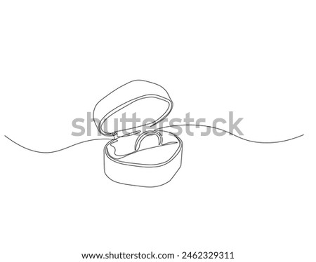 Continuous one line drawing of engagement ring in a box. One line drawing illustration of ring boxes for engagement. Romantic engagement concept continuous line art. Editable outline.