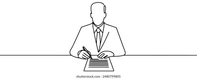 Continuous one line drawing of engineer reviewing construction design document from high angle view, construction related business concept, single line art