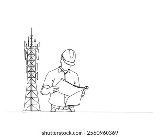 Continuous one line drawing of engineer with satellite tower and satellite disc. Satellite tower communication mantenance service illustration. Editable stroke.