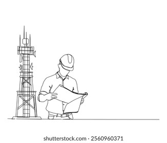 Continuous one line drawing of engineer with satellite tower and satellite disc. Satellite tower communication mantenance service illustration. Editable stroke.