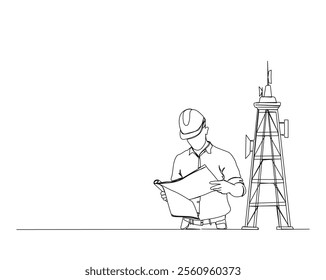 Continuous one line drawing of engineer with satellite tower and satellite disc. Satellite tower communication mantenance service illustration. Editable stroke.