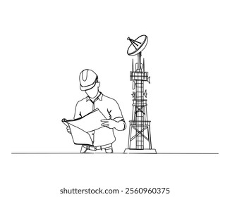 Continuous one line drawing of engineer with satellite tower and satellite disc. Satellite tower communication mantenance service illustration. Editable stroke.