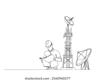 Continuous one line drawing of engineer with satellite tower and satellite disc. Satellite tower communication mantenance service illustration. Editable stroke.