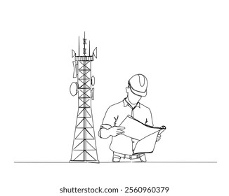 Continuous one line drawing of engineer with satellite tower and satellite disc. Satellite tower communication mantenance service illustration. Editable stroke.