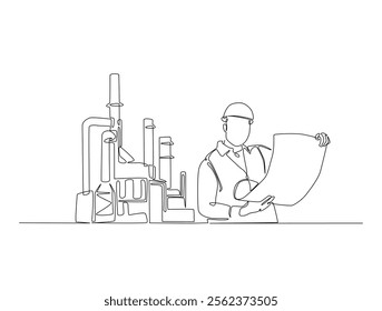 Continuous one line drawing of engineer holding blueprint paper and industrial plant with chimney. Factory architecture concept. Editable vector. 