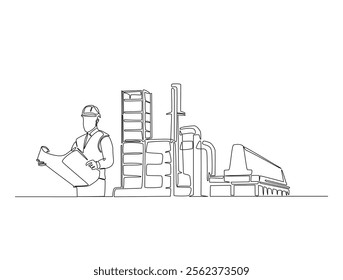 Continuous one line drawing of engineer holding blueprint paper and industrial plant with chimney. Factory architecture concept. Editable vector. 