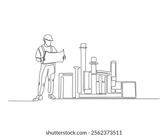 Continuous one line drawing of engineer holding blueprint paper and industrial plant with chimney. Factory architecture concept. Editable vector. 