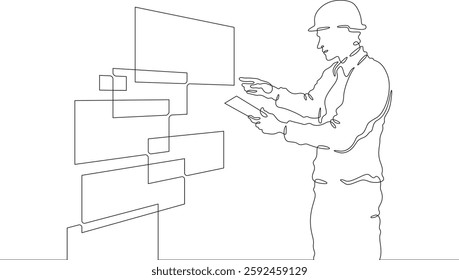 Continuous one line drawing IT engineer and server. Engineer services network equipment. Computer technician with tablet.
One continuous line isolated minimal illustration.Not AI.