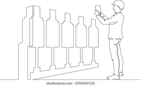 Continuous one line drawing IT engineer and server. Engineer services network equipment. Computer technician with tablet.
One continuous line isolated minimal illustration.Not AI.