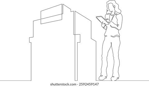 Continuous one line drawing IT engineer and server. Engineer services network equipment. Computer technician with tablet.
One continuous line isolated minimal illustration.Not AI.