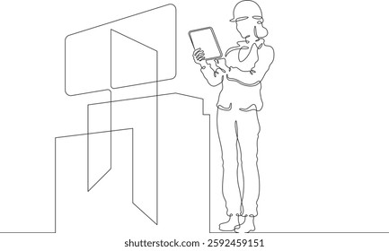 Continuous one line drawing IT engineer and server. Engineer services network equipment. Computer technician with tablet.
One continuous line isolated minimal illustration.Not AI.