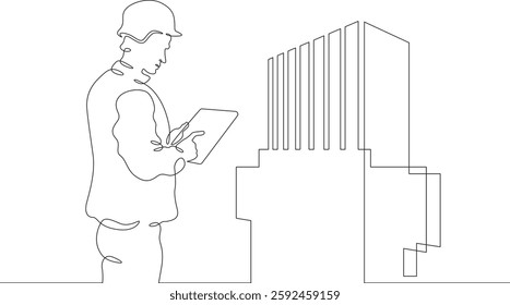 Continuous one line drawing IT engineer and server. Engineer services network equipment. Computer technician with tablet.
One continuous line isolated minimal illustration.Not AI.