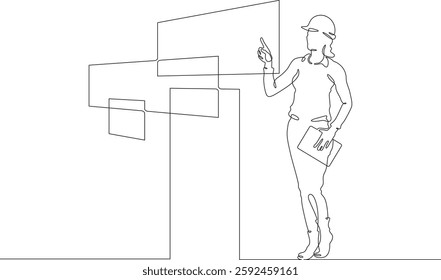 Continuous one line drawing IT engineer and server. Engineer services network equipment. Computer technician with tablet.
One continuous line isolated minimal illustration.Not AI.