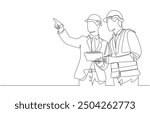 Continuous one line drawing of engineering manager discussing construction design with construction foreman, construction project concept, single line art.